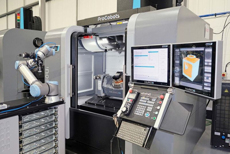 At Hurco’s year-end open house, a VMX30Ui 5-axis machining centre with integrated trunnion table was automated with one of the manufacturer’s Pro Cobot systems. (Source: Hurco)