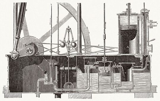 Produktionsanlage mit Dampfmaschine: Rein mechanische Steuerungen hatten Kurbel-, Nocken- und Königswellen. Getriebe und Zahnräder setzten die Geschwindigkeit um. Produktionsanlage mit Dampfmaschine: Rein mechanische Steuerungen hatten Kurbel-, Nocken- und Königswellen. Getriebe und Zahnräder setzten die Geschwindigkeit um.