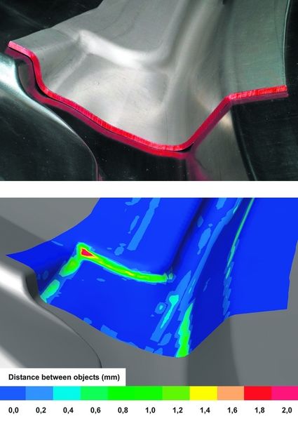 Bild 5: Vergleich zwischen realem und dem von der Finite-Elemente-Simulation vorhergesagten Ausformergebnis. Bilder: LFT Erlangen (Archiv: Vogel Business Media)