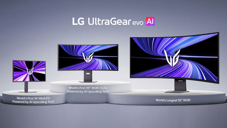 Alle drei der neuen UltraGear-Evo-AI-Modelle von LG liefern die 5K2K-Auflösung mit 5.120 × 2.160 Bildpunkten, allerdings mit unterschiedlicher Bilddiagonale von 27, 39 und 52 Zoll. Das AI steht für eine KI-gestützte Upscaling-Technologie, die auch bei schwächeren GPUs die sehr hohe Auflösung ermöglichen soll.(Bild:  LG Electronics)
