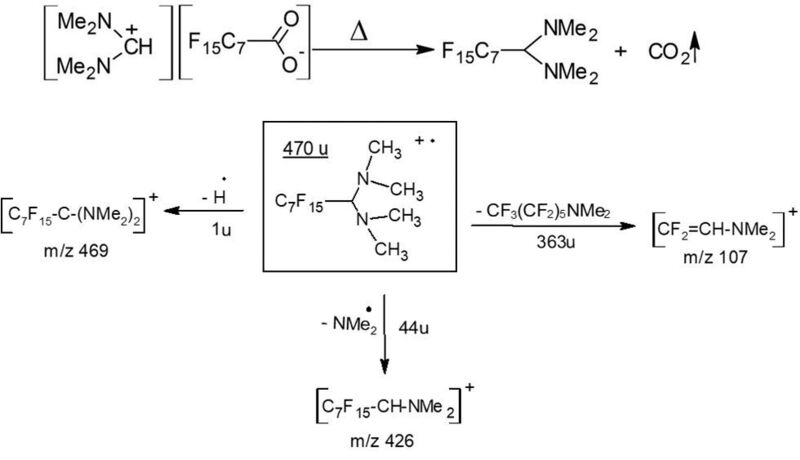 5 Die Reaktion von PFOA-Salz in der Injektionskammer [3] und die wichtigsten Fragment-Ionen des Hauptproduktes (1-Perfluorooktan-(N,N,N,N-tetramethyl)-diamin). (Wasser 3.0)