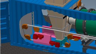 3D-Ansicht einer Anlage mit Seilfördermimik im Vordergrund, Aufnahmestation mit angeschlossenem Trocknungsofen (grün) (Bild: Daltec)