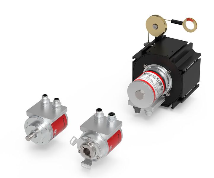 Die verschiedenen Varianten des CR_58 von TR-Electronic: Doppelgeber mit redundanter Abtastung mit Vollwelle, Sacklochwelle und als Seilzuggeber. (Bild: TR-Electronic GmbH)