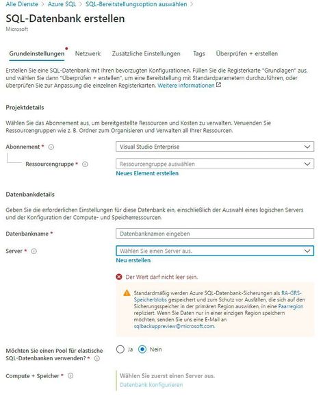 Erstellen einer neuen SQL-Datenbank in Microsoft Azure, inklusive dazugehörigem SQL-Server. (Joos/Microsoft (Screenshot))
