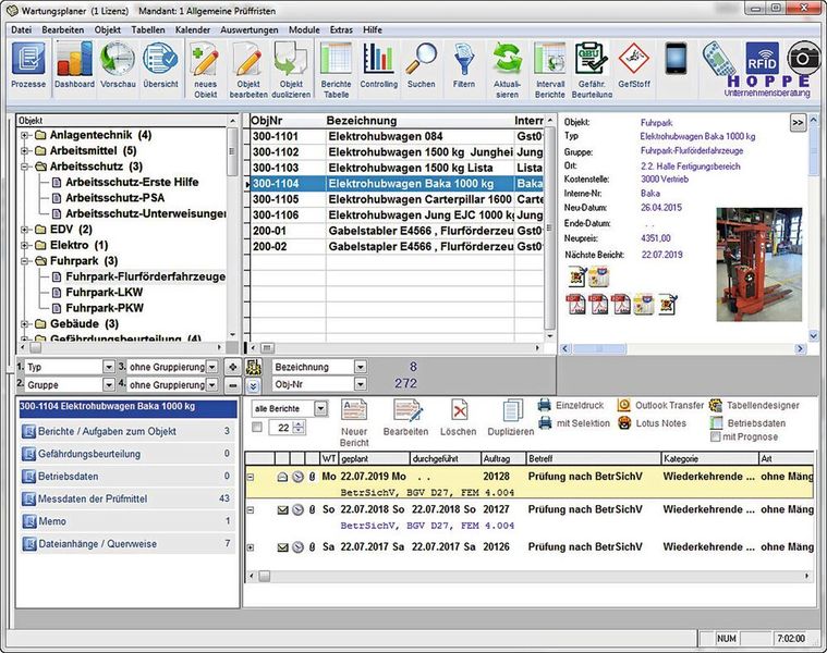 Die Software des Wartungsplaners erfasst die zu überprüfenden Gegenstände und Geräte. Die Mitarbeiter erhalten schnell einen Überblick über den Wartungszustand der prüfpflichtigen Arbeitsmittel sowie Zugriff auf fällige Wartungstermine. So kann der wichtige Arbeitsschutz gewährleistet werden.  (Hoppe)