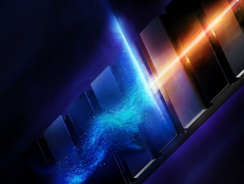 Representación artística de la generación de un pulso de attosegundos: en un ondulador con imanes permanentes de polarización alterna, una nube de electrones oscilante emite un pulso de rayos X nítido y breve.(Imagen: European XFEL/Tobias Wüstefeld)