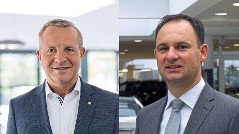ZDK-Vizepräsident Thomas Peckruhn (l.) und Mehrmarkenhändler Andreas Peter sprechen auf den Autovertriebstagen 2021 über die Zukunft des Automobilvertriebs.(Bild:  Michel/»kfz-betrieb«)