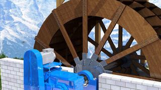 Damit das Mühlenrad die Wasserkraft in Energie umsetzen kann, wird ein integriertes Antriebssystem ais Synchronmotor und Getriebe eingesetzt. (Bild: Deutscher Alpenverein, Animation)