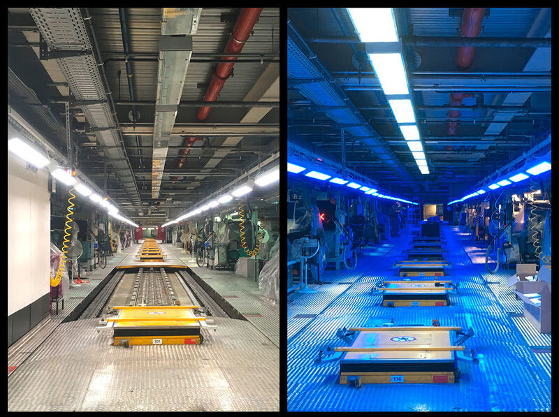 Zwei Lichtszenarien im Automobilwerk in München: kaltweißes Licht (links) und beispielhaft der aktivierende Blauanteil im kalt-weißen Licht (rechts). (© Foto Rasit Özgüc/Fraunhofer UMSICHT)