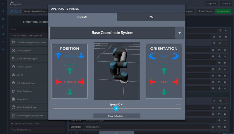 Jedes drag&bot-Programm besteht aus einer Sequenz von Funktionsblöcken. Funktionsblöcke sind z.B. “Roboter in Position X, Y, Z bewegen” oder “Greifer öffnen”. Abhängig vom Funktionsblock können verschiedene Parameter eingestellt werden. Diese Parameter können entweder manuell eingegeben oder intuitiv mit grafischen Assistenten (Wizards) ausgewählt werden. (Bild: drag&bot)