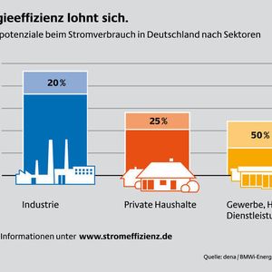 Einsparpotenziale beim Stromverbrauch in Deutschland aufgeteilt in die Sektoren Industrie, private Haushalte und Gewerbe, Handel und Dienstleistungen.