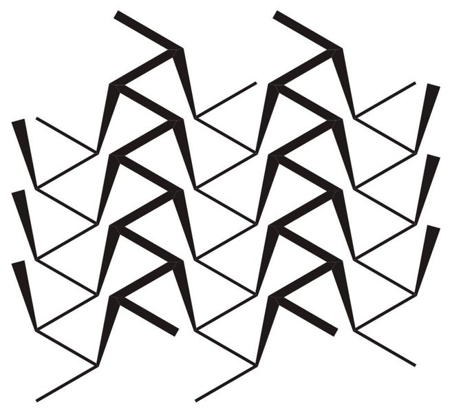 Schwarzer Phosphor bildet eine gewellte Schichtstruktur aus Ringen aus je sechs Phosphoratomen. In der Grafik liegen die dünnen Linien auf dem Boden auf, während die dicken Linien sozusagen in der Luft über dem Boden sind. An jedem Verbindungspunkt sitzt ein Phosphoratom. (wikipedia, NEUROtiker)