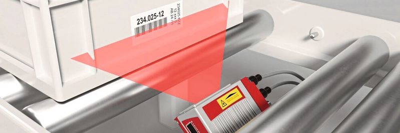 Frontseitige Behälteridentifikation unter extremen Neigungswinkeln mit dem Barcodeleser BCL 300i von Leuze.(Bild:  Leuze Electronic GmbH + Co. KG)