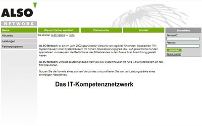 ALSO NETWORK von ALSO Deutschland GmbHALSO Network ist ein im Jahr 2002 gegründeter Verbund von regional führenden, klassischen ITK-Systemhäusern oder Systemhäusern mit hohem Spezialisierungsgrad und umfasst deutschlandweit mehr als 330 Systemhäuser mit rund 7.500 Mitarbeitern an fast 500 Standorten. ()