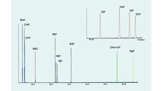 Abb. 1 SCF-PAK-Analyse mittels GC/MS: Standard-Chromatogramm der SCF-PAK (Konzentration etwa 50 ng/mL) auf einer VF-17ms-Säule. (Archiv: Vogel Business Media)