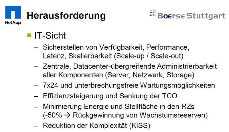 Abbildung 10: Laut Thomas Buff, hat die Börse Stuttgart eine Gesamtkosten-Analyse über fünf Jahres erstellt, Seiner Aussage zufolge kommt die Anschaffung von FlexPod zwar vergleichsweise teuer, rechnet sich aber über den Zeitraum. Bild: NetApp (Archiv: Vogel Business Media)