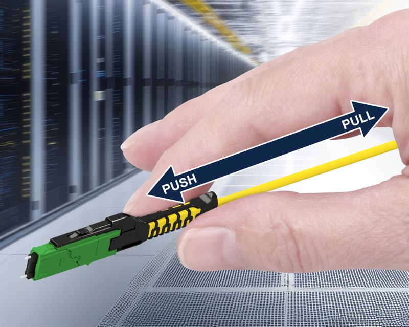 The push-pull mechanism allows for safe insertion and removal even at maximum port density.(Source:  Rosenberger OSI)