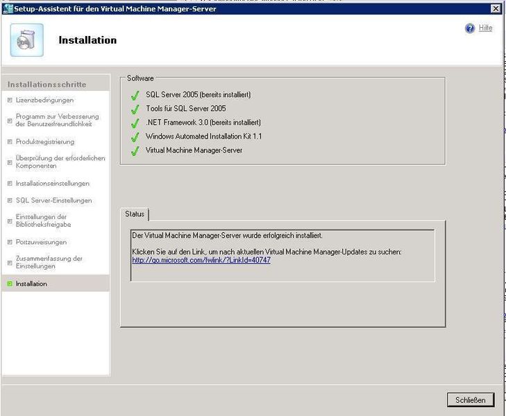 Abbildung 1: System Center Virtual Machine Manager 2008 benötigt einen SQL Datenbankserver, .Net Framework und das Windows Automated Installation Kit (WAIK) zum Klonen virtueller Maschinen. (Archiv: Vogel Business Media)