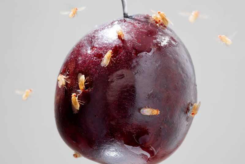 Essigfliegen sind zahlreich auf überreifem Obst wie dieser Kirsche zu finden. Sie geben Lockstoffe (Aggregations- und Sexualpheromone) ab, um ihre Artgenossen zu einer interessanten Futterquelle zu rufen. (Anna Schroll)