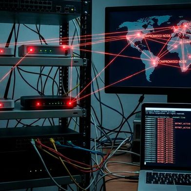 Veraltete D-Link-Router werden mithilfe einer Command-Injection-Schwachstelle kompromittiert und in das Mirai-Botnetz integriert.  (Bild: Gemini / Vogel IT-Medien GmbH / KI-generiert)