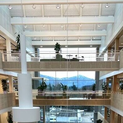 In der Mitte des Atriums verweist ein Kunstwerk auf die Verbindung von Natur mit Moderne und Vergangenheit mit Zukunft. (Bild: Sarah Junker)