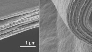 Geschichtetes Keramik-Papier: In den Aufnahmen eine Rasterelektronenmikroskops sind die übereinander gestapelten Lagen des Verbundmaterials aus Vanadiumpentoxid und Wasser zu erkennen. Das Material ist so elastisch und bruchfest, dass es sich knicken lässt (rechts). (Bild: Advanced Materials / Universität Stuttgart)