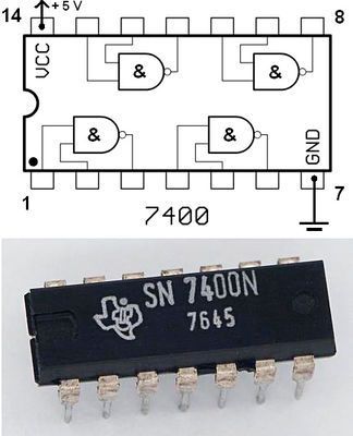 Der SN7400 von Texas Instruments aus dem Jahr 1976 – ein Vierfach-NAND-Gatter mit jeweils zwei Eingängen (Bild:   / CC BY-SA 3.0)