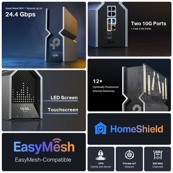 Beim TP-Link Archer BE900 kommt das Wi-Fi 7 aus 12 Antennen, um auch größere Flächen gut abzudecken. Sechs davon sieht man im Bild rechts mittig. (Bild: TP-Link)