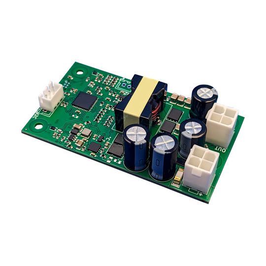 Bild 1: diPSU-DC/DC-Wandler von Elec-Con. Das 120-W-Gerät im Formfaktor einer halben Tempopackung stellt aktuelle Betriebs- und Zustandsdaten bis zu 500 Mal pro Sekunde über eine I²C-Schnittstelle bereit. Das PC-basierte Auswertetool dazu ist kostenlos auf der Website von Elec-Con verfügbar. (Bild:  Elec-Con)