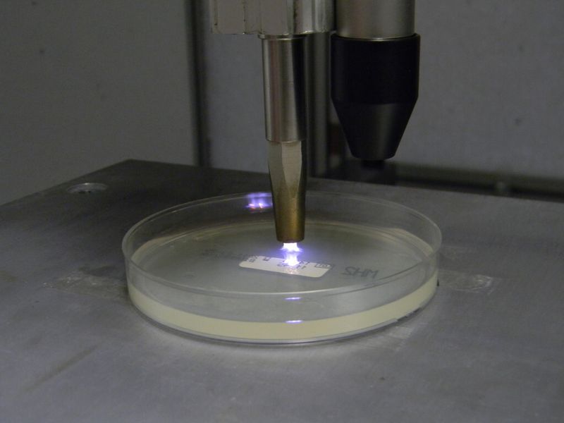 Behandlung von Nährmedium innerhalb einer Petrischale mit einem Plasmajet. Auf dem Nährmedium wurden Krankenhauskeime angesiedelt und die antimikrobiellen Eigenschaften der Plasmen nachgewiesen. (Bild: Innovent)