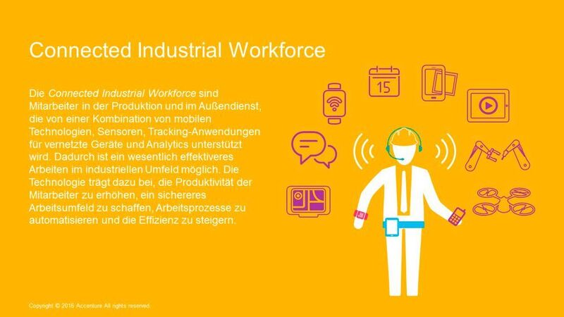 Durch die enge Verzahnung von Maschinen, künstlicher Intelligenz und den Mitarbeitern in der Fertigungsindustrie entsteht eine Connected Industrial Workforce. (Accenture)
