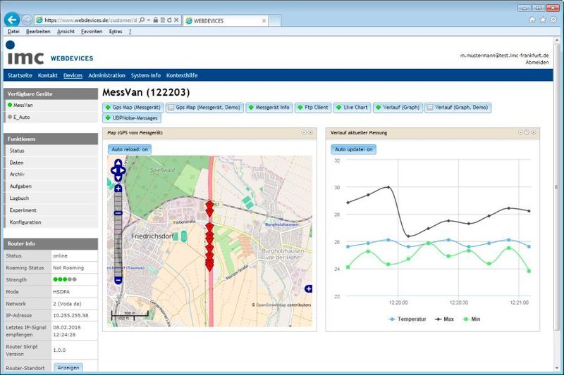 Bild 4: Flottenversuch mit weltweiter Anbindung von Versuchsfahrzeugen an die Cloud-Monitoring-Plattform imc WEBDEVICES: Live-Überwachung und unmittelbarer Zugriff auf Messdaten über Internetbrowser. (imc Meßsysteme)