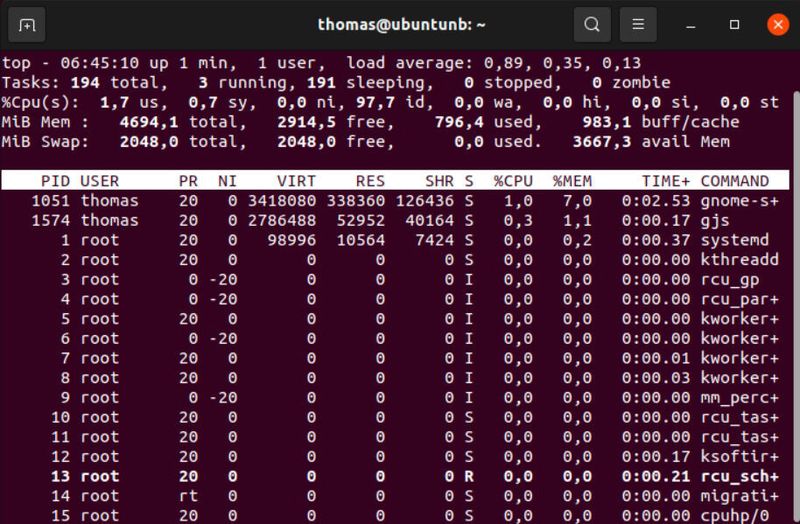 Abbildung 4: Das Kommando „top“ zeigt die Auslastung des Systems im Linux-Terminal (Thomas Joos)