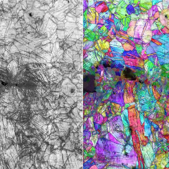 These images, generated from scanning electron microscopy, show the grain structures and crystal lattice orientations of (A) CrMnFeCoNi and (B) CrCoNi alloys. (C) and (D) show examples of fractures in CrCoNi at 293 K and 20 K, respectively. These images, generated from scanning electron microscopy, show the grain structures and crystal lattice orientations of (A) CrMnFeCoNi and (B) CrCoNi alloys. (C) and (D) show examples of fractures in CrCoNi at 293 K and 20 K, respectively.