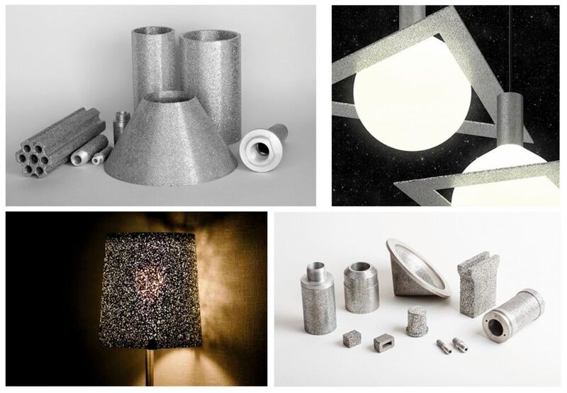 Examples of open-pore castings produced by gravity die-casting. Their pores were created with common salt. This process is size-controlled and very homogeneous with pore sizes of a few micrometers to centimeters. (Automoteam)