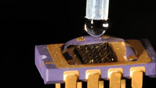 Abb. 1: Der On-Chip Sensor für Flüssigkeiten: Ein Tropfen der Flüssigkeit genügt, um die Zusammensetzung zu bestimmen. (Bild: B.Schwarz/TU Wien)