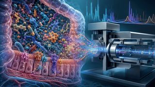 Das Darmmikrobiom arbeitet als Gemeinschaft: Seine Mikroorganismen bilden Proteine, die unter anderem Stoffwechsel, Transport und Kommunikation ermöglichen. Metaproteomische Verfahren erfassen diese molekularen Werkzeuge gemeinsam mit körpereigenen Proteinen durch Massenspektrometrie. (Bild: Guido Deußing, KI-generierte redaktionelle Illustration; symbolische Darstellung nach Xian F, Mitulovic G, Ravi Kumar RK et al. Nat Commun. 2026;17:7406. doi: 10.1038/s41467-026-75845-5)