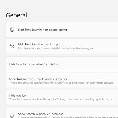 Die Einstellungen von Flow Launcher zeigen zentrale Steueroptionen für Startverhalten, Fensterfokus und Position der Suchoberfläche innerhalb der Windows-Session. (Bild: Joos – Flow Launcher)