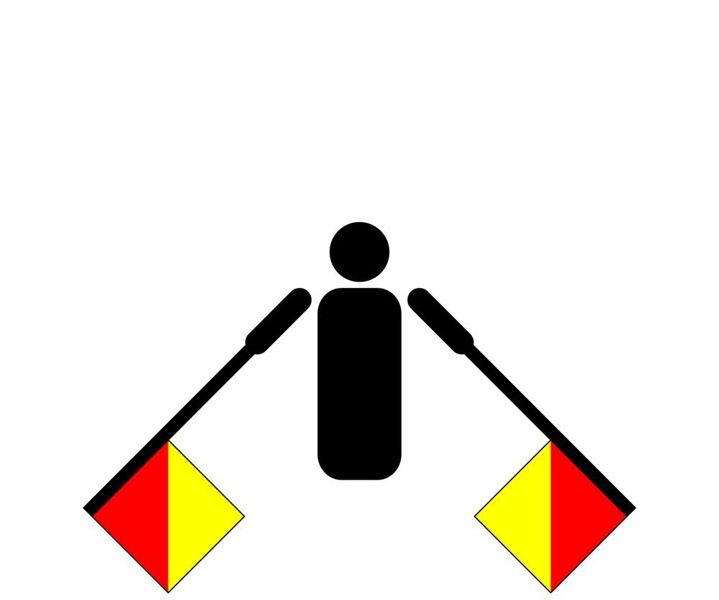 Klar ist die Bedeutung des Zeichens. Zur Inspiration gibt es aber verschiedene Versionen: Es ist angelehnt an den Buchstaben „N“ aus dem Winkeralphabet und ...  (Semaphore November.svg / Denelson83 assumed / CC BY-SA 3.0)