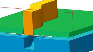 Bild 1: Umformsimulation mit geometrisch modellierten Ziehsicken. Oben: Schnitt durch das Simulationsmodell. Unten: Vergleichsumformgrad am umgeformten Bauteil. (Simufact)
