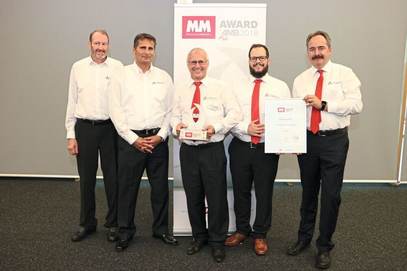Die Gewinner des AMB-MM-Award in der Rubrik Präzisionswerkzeuge vom Unternehmen Ceratizit (v.l.n.r.): Entwickler Harald Urschitz, Innovation Manager Rainer Beer, Projekt-Koordinator Lothar Schmid, Product Manager Dirk Martin sowie R&D-Leiter Cutting Tools Dr. Uwe Schleinkofer. (Reinhold Schäfer)