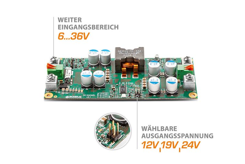 DC/DC-Wandler Bicker DC300WS mit Weitbereichseingang 6 bis 36VDC und flexibel wählbarer DC-Ausgangsspannung 12V, 19V oder 24V. (Bild: Bicker Elektronik)