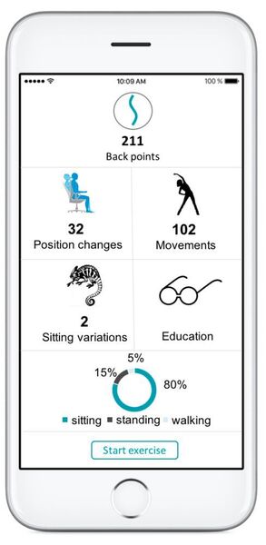 Dashboard der 8sense App: Je gesünder seine Positionsänderungen oder Übungen für den Rücken, desto mehr Back Points (Bonuspunkte) erhält der User. (Eura AG)