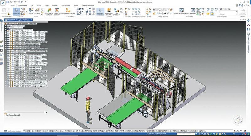 In der Förderanlage wird ein Materialfluss geteilt, bei dem sich die Bretter mit 20 bis 100 m/min bewegen. (Siemens PLM Software)