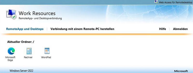 Benutzer können auf die RemoteApps über den Webzugriff des Servers zugreifen, oder über das Startmenü in Windows 10/11, wenn die Dienste verbunden sind. (Bild: Joos - Microsoft)