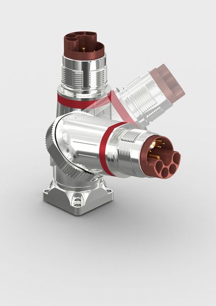 Die neue Einbaudose mit Dualgelenk des Hybridsteckverbinders M23 Htec ist in der ersten Achse 325° stufenlos orientierbar und in der zweiten Achse von gerade auf abgewinkelt um 80° schwenkbar. (Intercontec)
