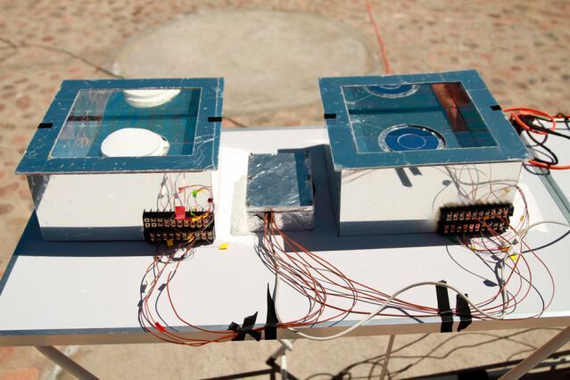 In field tests, the performance of the radiative cooling device was measured under full sunlight, both with the insulating material in place (left) and without it (right). (MIT/ Image courtesy of the researchers)
