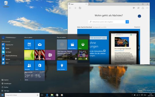 Screenshot aus der Insider Preview von Windows 10: Das Startmenü kehrt zurück, die aus Windows 8 bekannte "Kacheloberfläche" wird darin nun teilweise integriert.(Bild:  Screenshot/Microsoft)