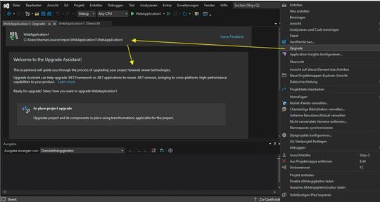 Aktualisieren eines .NET-Projektes in Visual Studio mit dem .NET Upgrade Assistant.(Bild:  Joos / Microsoft)