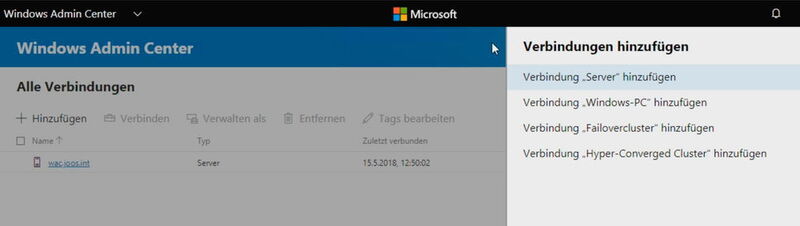Das Hinzufügen von neuen Objekten erfolgt über einen Menüpunkt im Windows Admin Center. (Joos / Microsoft)